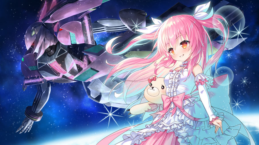 1girl bettle_(b_s_a_n) bow character_request dress dress_bow hair_bow himekuma_ribon mecha night night_sky official_art orange_eyes outdoors pink_bow pink_hair pink_ribbon re:act ribbon sky standing stuffed_animal stuffed_toy teddy_bear virtual_youtuber white_dress