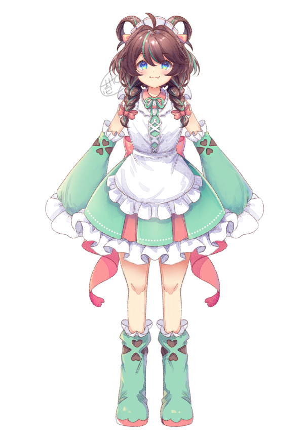1girl ahoge apron bangs black_sleeves blue_eyes boots bow braid brown_hair closed_mouth detached_sleeves dress eyebrows_visible_through_hair fang fang_out frilled_apron frilled_dress frills full_body green_dress green_footwear green_hair hair_between_eyes hair_bow hair_over_shoulder hair_rings ittokyu long_hair long_sleeves multicolored_hair original pleated_dress puffy_long_sleeves puffy_sleeves red_bow signature simple_background sleeveless sleeveless_dress sleeves_past_fingers sleeves_past_wrists smile solo standing streaked_hair twin_braids white_apron white_background