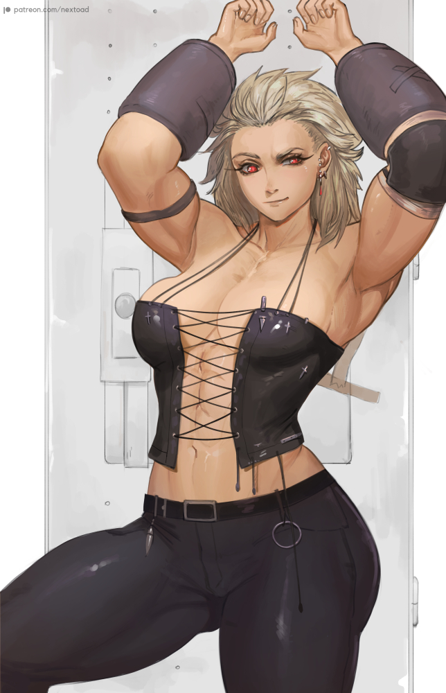 1girl abs arm_guards arms_up black_pants breasts corset dorohedoro earrings grey_hair jewelry large_breasts long_hair looking_at_viewer muscular muscular_female nextoad noi_(dorohedoro) pants red_eyes simple_background smile