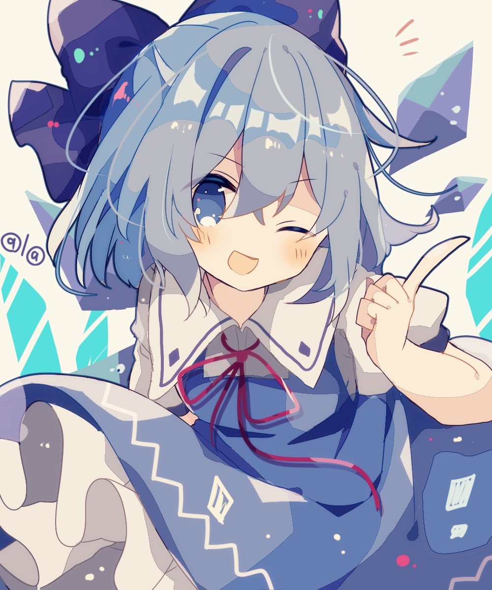 (9) 1girl ;d bangs blue_bow blue_dress blue_eyes blue_hair bow cirno dated dress eyebrows_visible_through_hair frilled_dress frills hair_between_eyes hair_bow highres ice ice_wings index_finger_raised looking_at_viewer mina_(sio0616) neck_ribbon one_eye_closed open_mouth puffy_short_sleeves puffy_sleeves red_neckwear red_ribbon ribbon short_hair short_sleeves smile solo touhou wings