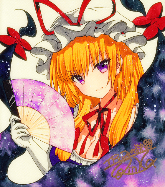 1girl bangs blonde_hair bow breasts dress eyebrows_visible_through_hair eyes_visible_through_hair fan gap_(touhou) gloves hair_bow hat holding holding_fan long_hair looking_at_viewer medium_breasts open_mouth purple_dress purple_sleeves qqqrinkappp red_bow red_neckwear shikishi short_sleeves simple_background smile solo touhou traditional_media violet_eyes white_background white_gloves white_headwear yakumo_yukari