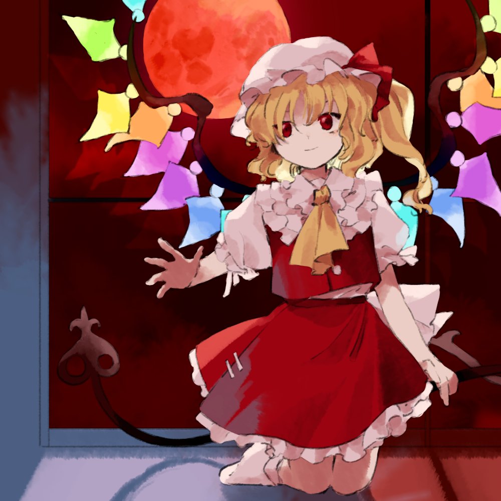 1girl bangs blonde_hair bow buttons collar commentary_request crystal flandre_scarlet frilled_collar frills hat kaigen_1025 kneeling laevatein light_smile mob_cap moon one_side_up puffy_short_sleeves puffy_sleeves red_bow red_eyes red_moon red_skirt red_vest short_hair short_sleeves side_ponytail skirt socks solo touhou vest waist_bow wavy_hair wings zun_(style)