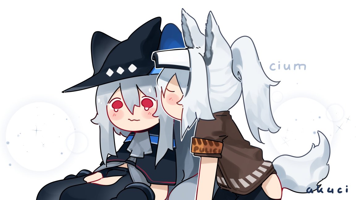 2girls ak4ci animal_ears arknights armband artist_name black_capelet black_gloves blue_headwear brown_shirt capelet cheek_kiss closed_eyes closed_mouth computer gloves grani_(arknights) grey_hair hat hip_vent horse_ears horse_tail kiss long_hair multiple_girls ponytail red_eyes sad shirt sidelocks silver_hair sitting skadi_(arknights) symbol_commentary tail tearing_up white_background