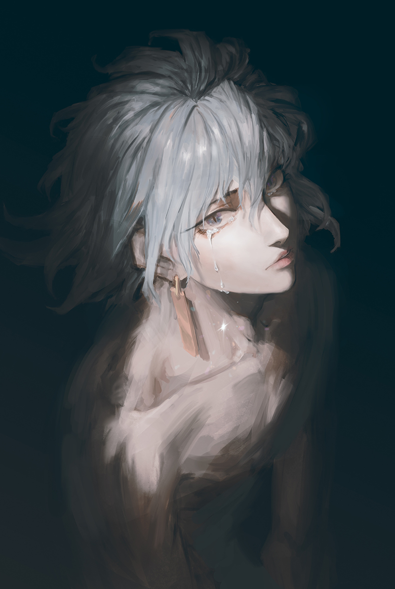 1boy bishounen blue_background blue_eyes collarbone crying crying_with_eyes_open demigod_(intemind) earrings glint grey_hair hair_between_eyes intemind jewelry long_eyelashes looking_at_viewer male_focus original parted_lips shirtless simple_background slit_pupils solo tears teeth upper_teeth