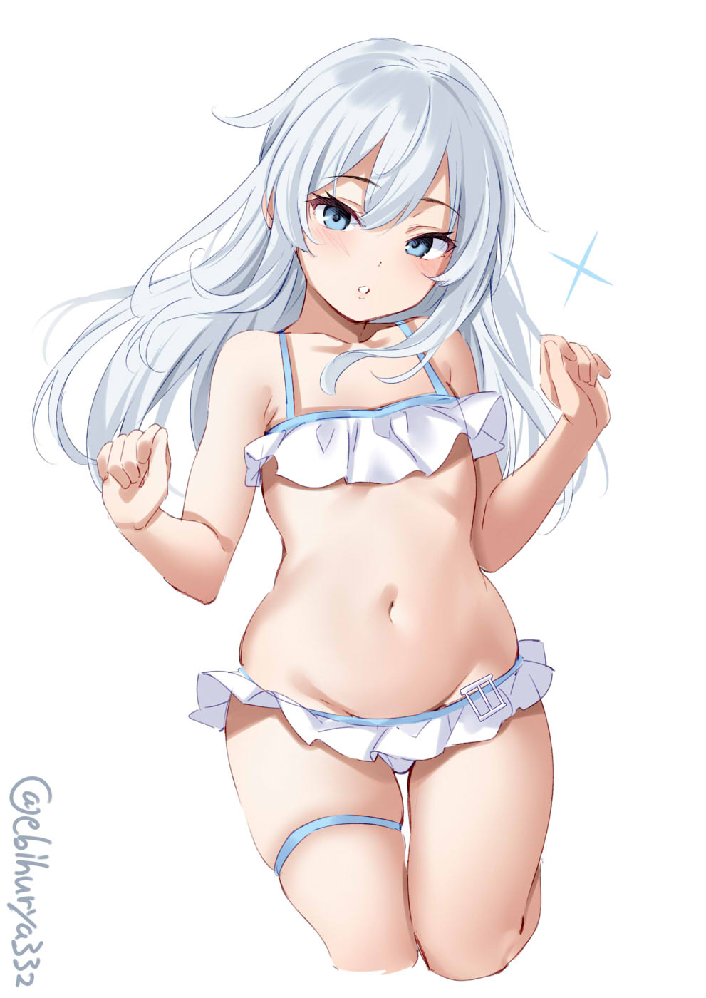 1girl badge bikini bikini_skirt blue_eyes blush collarbone cowboy_shot ebifurya eyebrows_visible_through_hair flat_chest frilled_bikini frills hair_between_eyes hibiki_(kancolle) highres kantai_collection lips long_hair looking_at_viewer navel silver_hair simple_background solo swimsuit twitter_username white_background white_bikini white_hair white_swimsuit