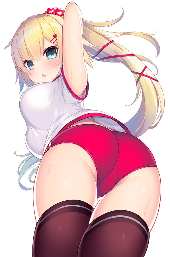 1girl :o akai_haato arms_up ass bangs black_legwear blonde_hair blue_eyes breasts buruma commentary_request gym_uniform hair_ornament hair_ribbon hairclip heart heart-shaped_pupils heart_hair_ornament hololive long_hair looking_at_viewer ponytail ribbon solo sweat symbol-shaped_pupils thigh-highs transparent_background virtual_youtuber yoshiheihe