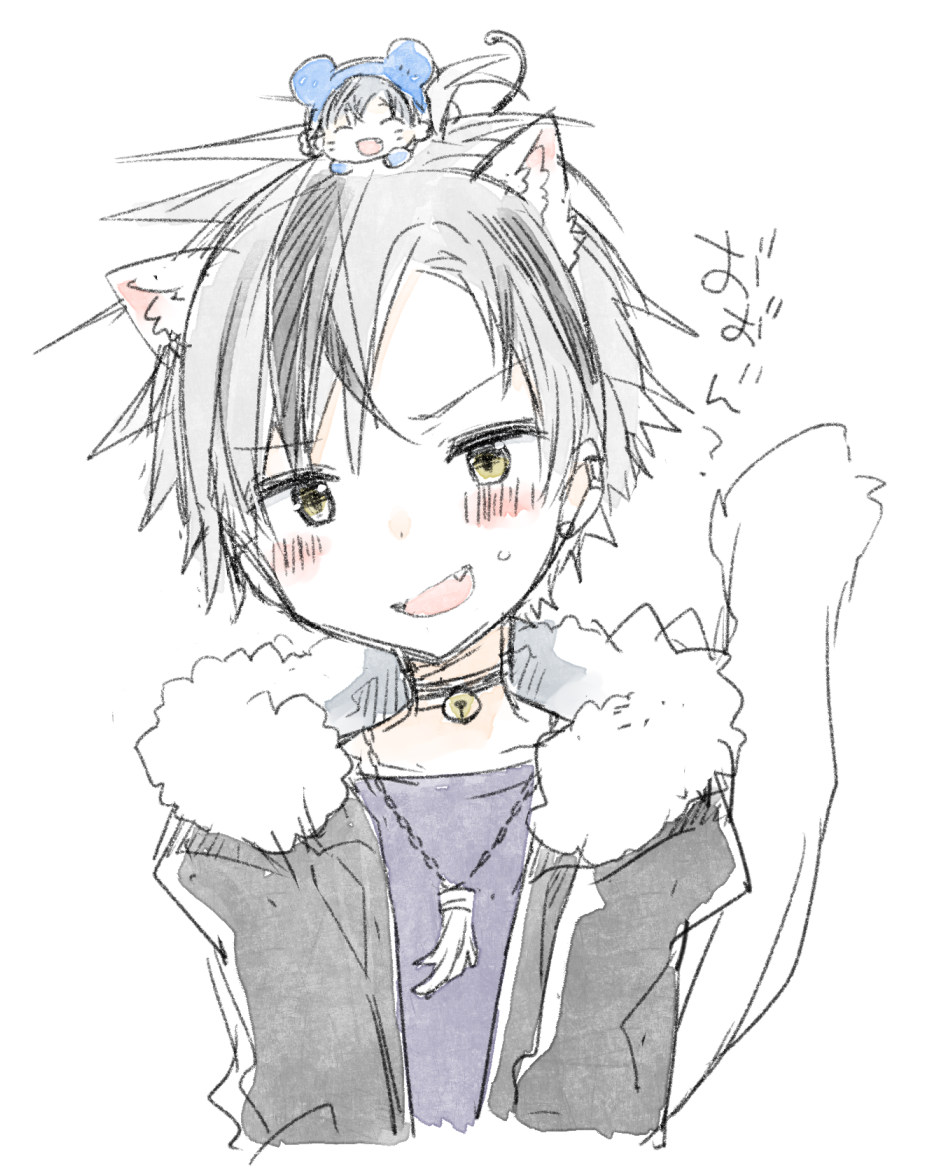 2boys animal_ear_fluff animal_ears bangs bell black_choker black_hair black_jacket blush brown_eyes cat_boy cat_ears cat_tail choker cropped_torso eyebrows_visible_through_hair fang fur-trimmed_jacket fur_trim grey_hair jacket jingle_bell kamiyoshi_rika kemonomimi_mode miniboy multicolored_hair multiple_boys neck_bell nijisanji on_head open_clothes open_jacket open_mouth parted_bangs simple_background smile streaked_hair suzuki_masaru sweat tail translation_request upper_body virtual_youtuber white_background