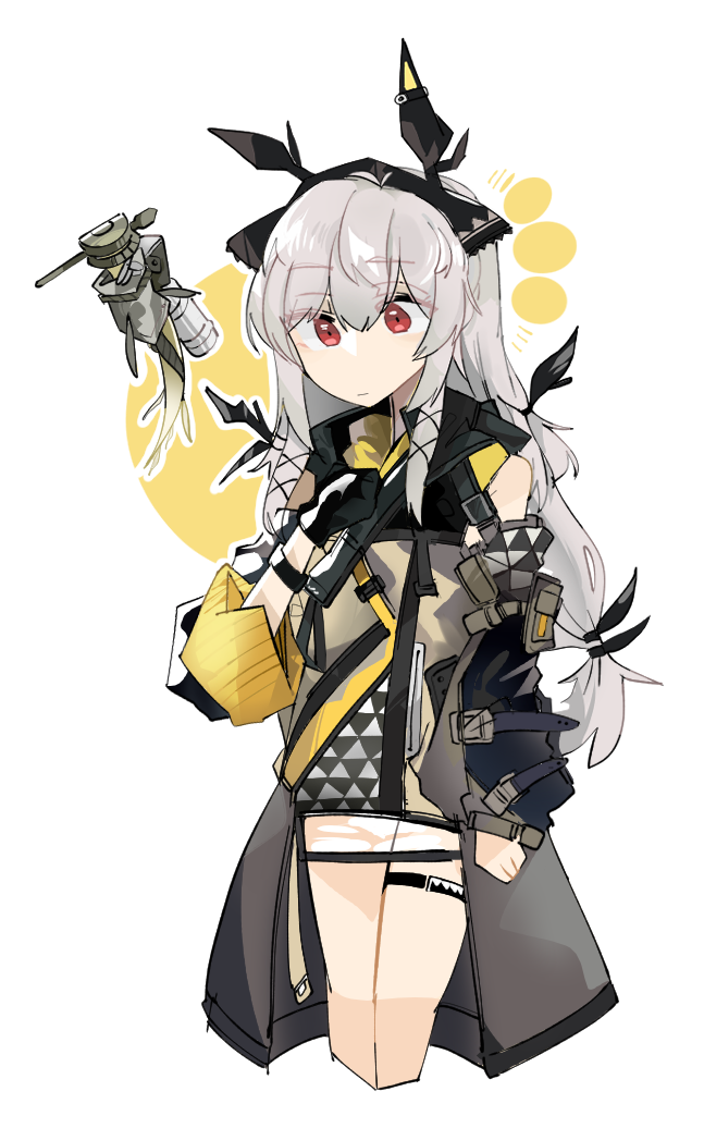 1girl arknights black_gloves black_hairband brown_dress cowboy_shot cropped_legs detached_sleeves dress gloves hairband leaf_(arknights) long_hair low_ponytail odmised red_eyes see-through silver_hair simple_background single_glove tail thigh_strap very_long_hair weedy_(arknights) white_background