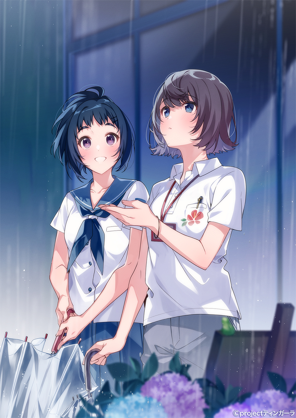 2girls collarbone flower highres kudaka_karin multiple_girls rain school_uniform serafuku shiroi_suna_no_aquatope shirt short_hair teruya_tsukimi u35 umbrella white_shirt