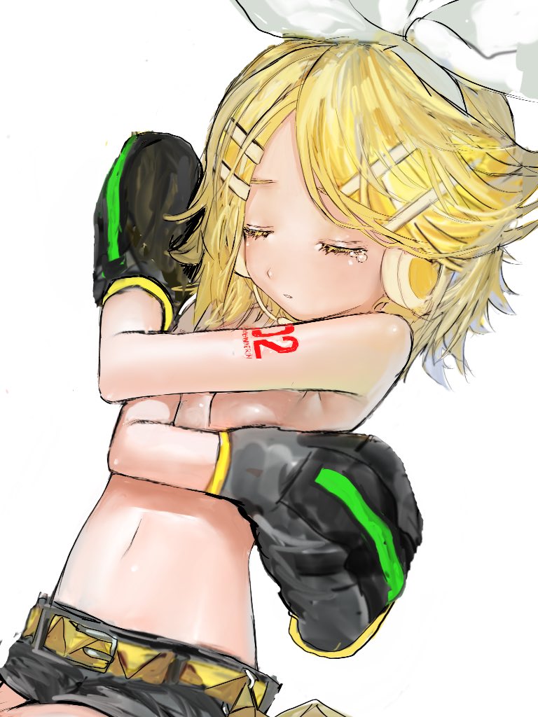 1girl belt black_shorts blonde_hair breasts closed_eyes covering covering_breasts detached_sleeves hair_ornament hairband hairclip headset kagamine_rin korpokkur_kne medium_hair microphone navel ribbon shadow shorts simple_background small_breasts solo tears topless vocaloid white_background white_hairband white_ribbon yellow_belt