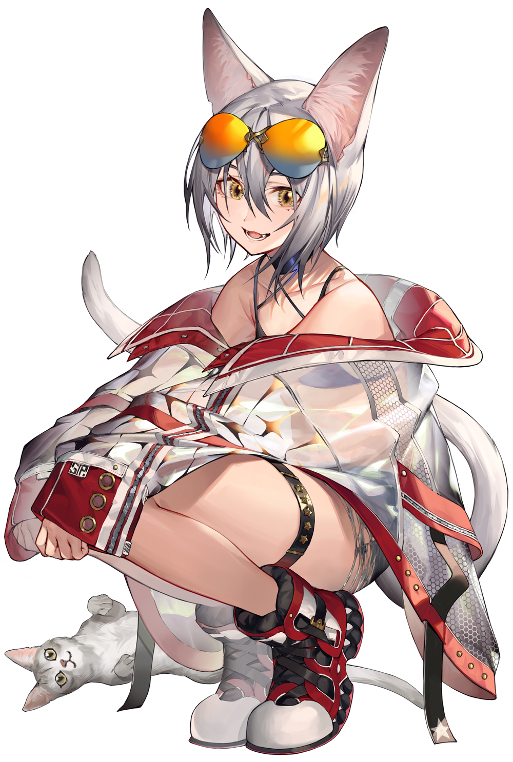 1girl animal_ears bare_shoulders boots cat cat_ears cat_tail coat eyewear_on_head highres noy off_shoulder original oversized_clothes short_hair silver_hair squatting sunglasses tail white_background yellow_eyes