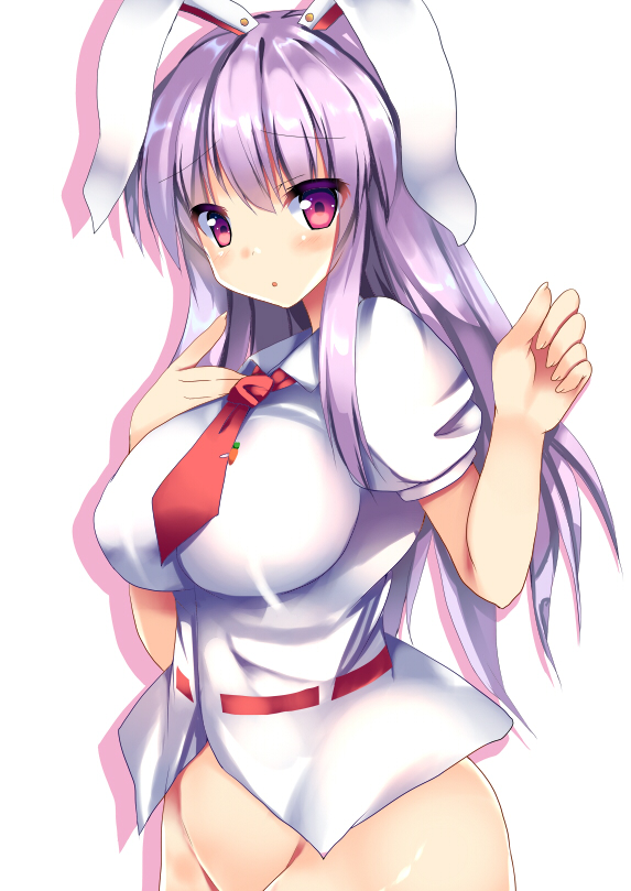 1girl :o animal_ears blush bottomless breasts carrot_pin drop_shadow large_breasts long_hair necktie out-of-frame_censoring purple_hair rabbit_ears reisen_udongein_inaba ryokushiki_(midori-ya) shirt simple_background solo touhou very_long_hair violet_eyes white_background white_shirt