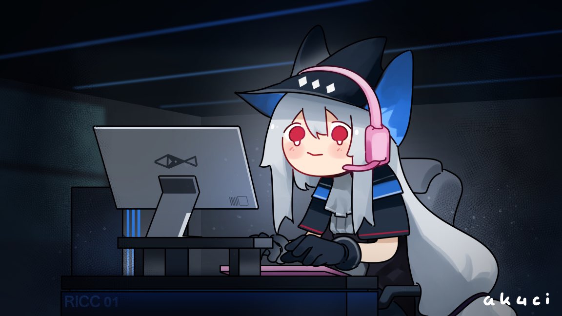 1girl ak4ci arknights artist_name black_capelet black_gloves blue_headwear capelet closed_mouth computer dark_room gloves hat indoors long_hair on_chair red_eyes sad sidelocks silver_hair sitting skadi_(arknights) solo symbol_commentary tearing_up