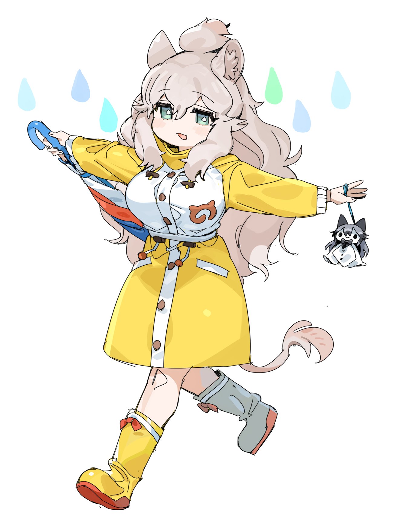 animal_ears blue_eyes boots character_doll commentary_request eyebrows_visible_through_hair full_body highres hood hood_down japari_symbol kemono_friends kemono_friends_3 lion_ears lion_girl lion_tail long_hair long_sleeves official_alternate_costume outstretched_arms raincoat rubber_boots silver_fox_(kemono_friends) spawnfoxy tail teruterubouzu umbrella white_hair white_lion_(kemono_friends) yellow_raincoat