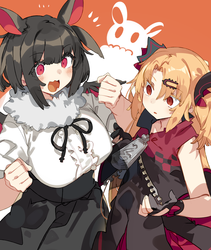 2girls :d akatsuki_uni animal_ears bangs bat_ears bat_wings black_dress black_gloves black_hair black_jacket black_ribbon black_skirt breasts brown_background center_frills character_request clenched_hands commentary_request dress eyebrows_visible_through_hair frills fur_collar gloves hair_between_eyes hair_ornament hairclip jacket karei light_brown_hair long_hair medium_breasts multiple_girls neck_ribbon open_mouth parted_bangs parted_lips partially_fingerless_gloves pleated_skirt puffy_short_sleeves puffy_sleeves red_eyes red_wings ribbon shirt short_sleeves skirt smile uni_create very_long_hair white_shirt wings zipper_pull_tab