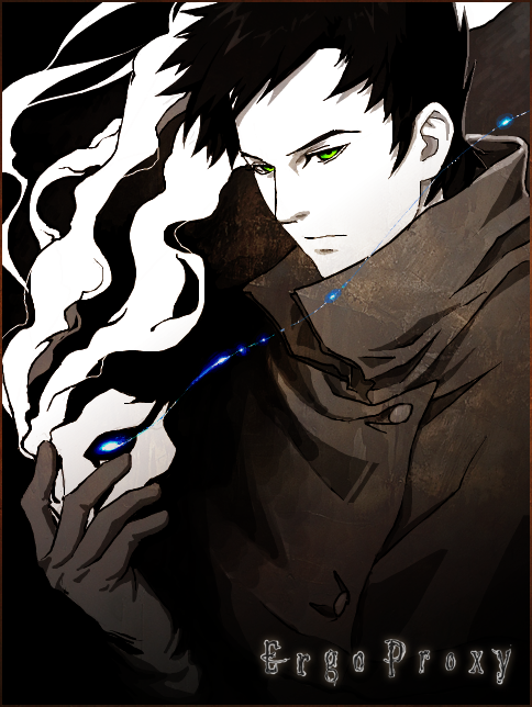 1boy black_hair denoro ergo_proxy glowing glowing_eyes green_eyes holding holding_mask mask short_hair vincent_law white_mask