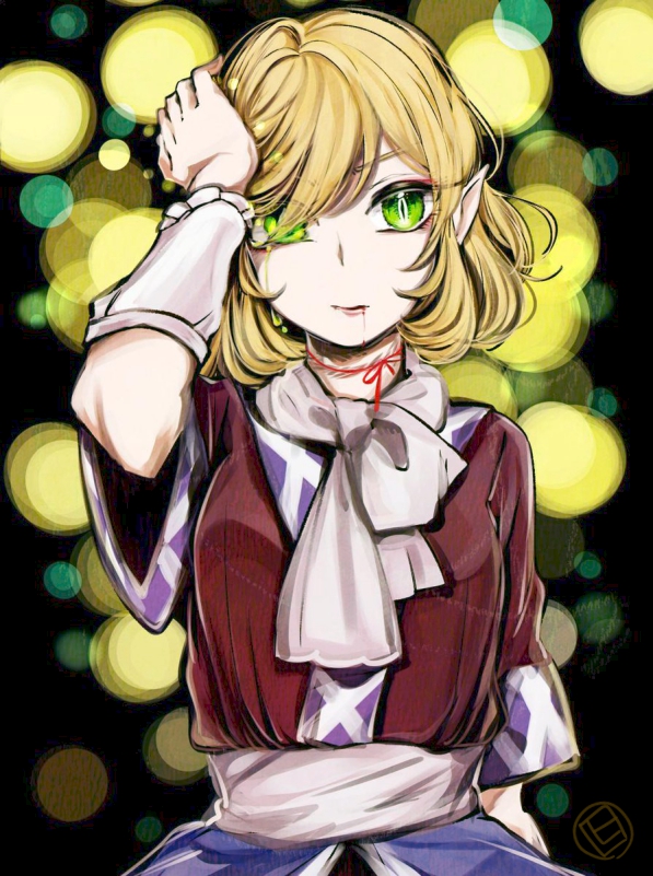 1girl arm_warmers bangs blonde_hair blood blood_from_mouth breasts brown_shirt commentary crying crying_with_eyes_open green_eyes hair_between_eyes hand_on_own_head hiroshige_36 looking_at_viewer medium_breasts mizuhashi_parsee open_mouth pointy_ears sash scarf shirt short_hair short_sleeves slit_pupils solo tears touhou upper_body white_sash white_scarf