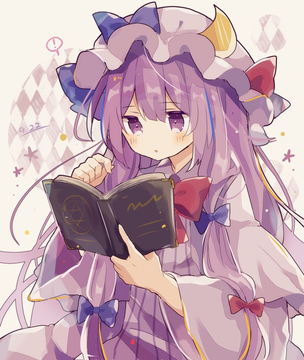 ! 1girl argyle bangs blue_bow book bow bowtie cowboy_shot crescent crescent_pin dress eyebrows_visible_through_hair hair_bow hat hat_ribbon hexagram holding holding_book long_hair long_sleeves mina_(sio0616) mob_cap multiple_bows open_book open_mouth patchouli_knowledge purple_dress purple_hair purple_headwear red_bow red_neckwear ribbon sidelocks solo spoken_exclamation_mark striped striped_dress touhou violet_eyes wide_sleeves