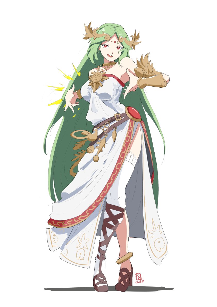 1girl anklet automatic_giraffe bangs bracer breast_expansion breasts brown_footwear crossed_legs dress english_commentary green_hair high_heels jewelry kid_icarus kid_icarus_uprising large_breasts long_hair looking_at_viewer necklace palutena parted_bangs red_eyes smile solo very_long_hair white_dress