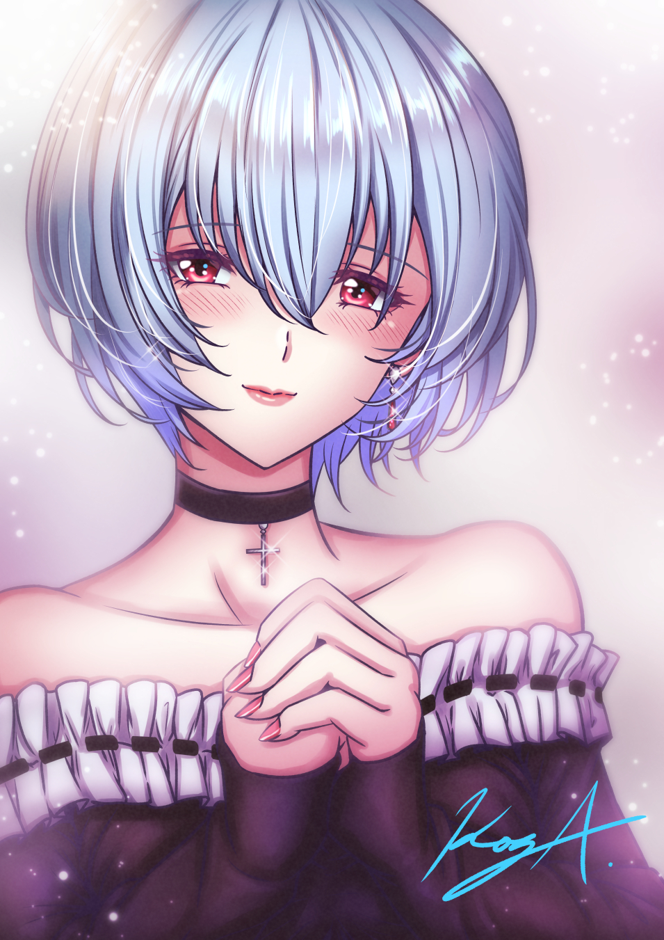 1girl ayanami_rei bangs bare_shoulders black_choker blue_hair blush choker closed_mouth collarbone cross cross_necklace earrings eyebrows_visible_through_hair grey_background hair_between_eyes hands_clasped highres jewelry koya_(koya_x_00) long_sleeves looking_at_viewer nail_polish necklace neon_genesis_evangelion off_shoulder own_hands_together red_eyes red_nails shiny shiny_hair short_hair signature smile solo sparkle upper_body