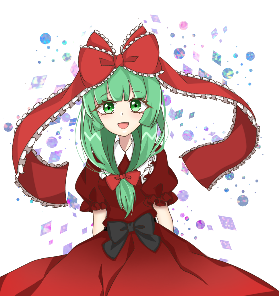 1girl bangs black_bow bow collar crystal dress dress_bow eyebrows_visible_through_hair eyes_visible_through_hair gradient gradient_dress green_eyes green_hair hair_bow jewelry kagiyama_hina lineart long_hair looking_at_viewer open_mouth puffy_short_sleeves puffy_sleeves red_bow red_dress red_sleeves short_sleeves smile solo touhou white_background white_collar