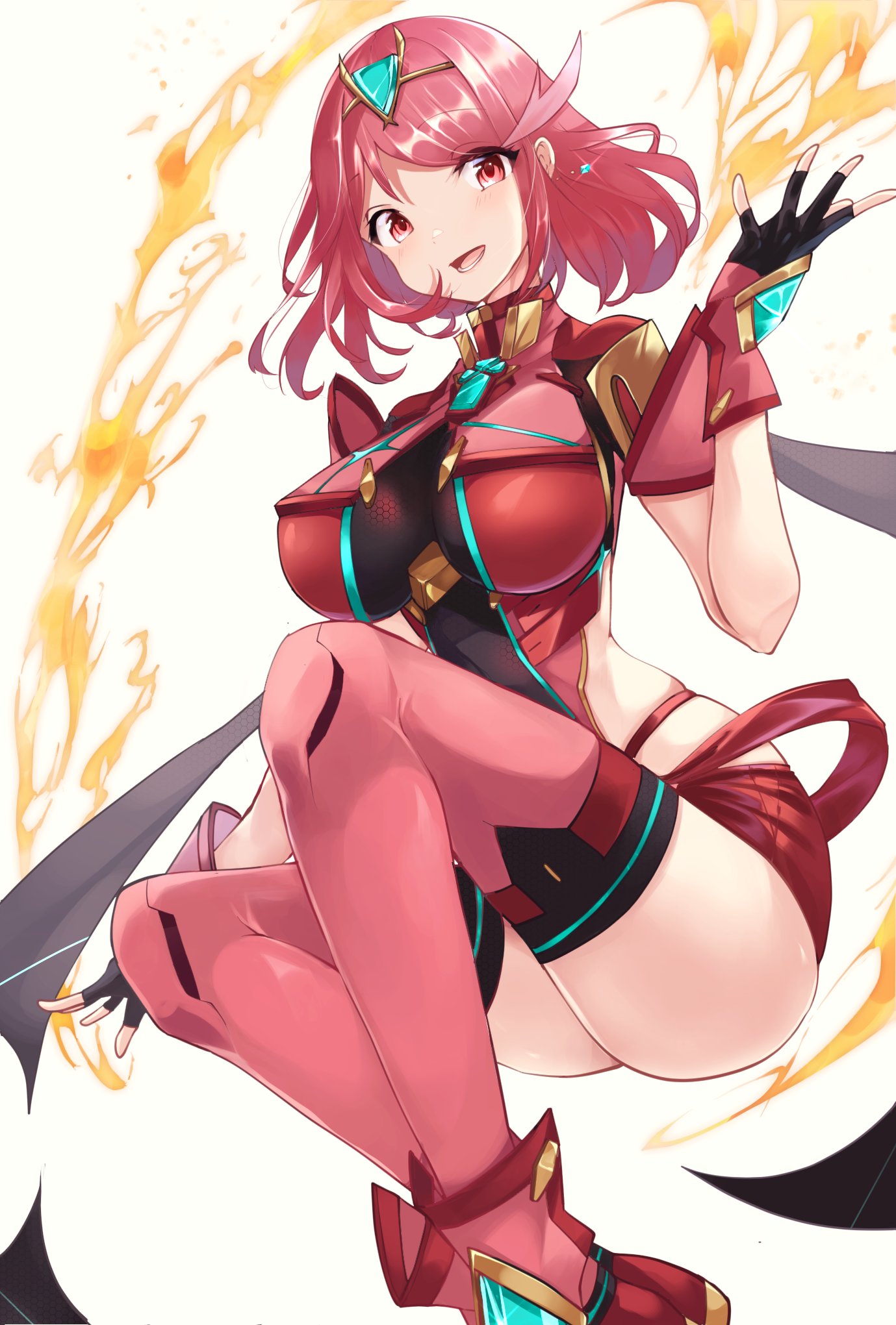 1girl bangs black_gloves breasts chest_jewel earrings fingerless_gloves gem gloves headpiece highres jewelry large_breasts pyra_(xenoblade) red_eyes red_legwear red_shorts redhead risumi_(taka-fallcherryblossom) short_hair shorts swept_bangs thigh-highs tiara xenoblade_chronicles_(series) xenoblade_chronicles_2
