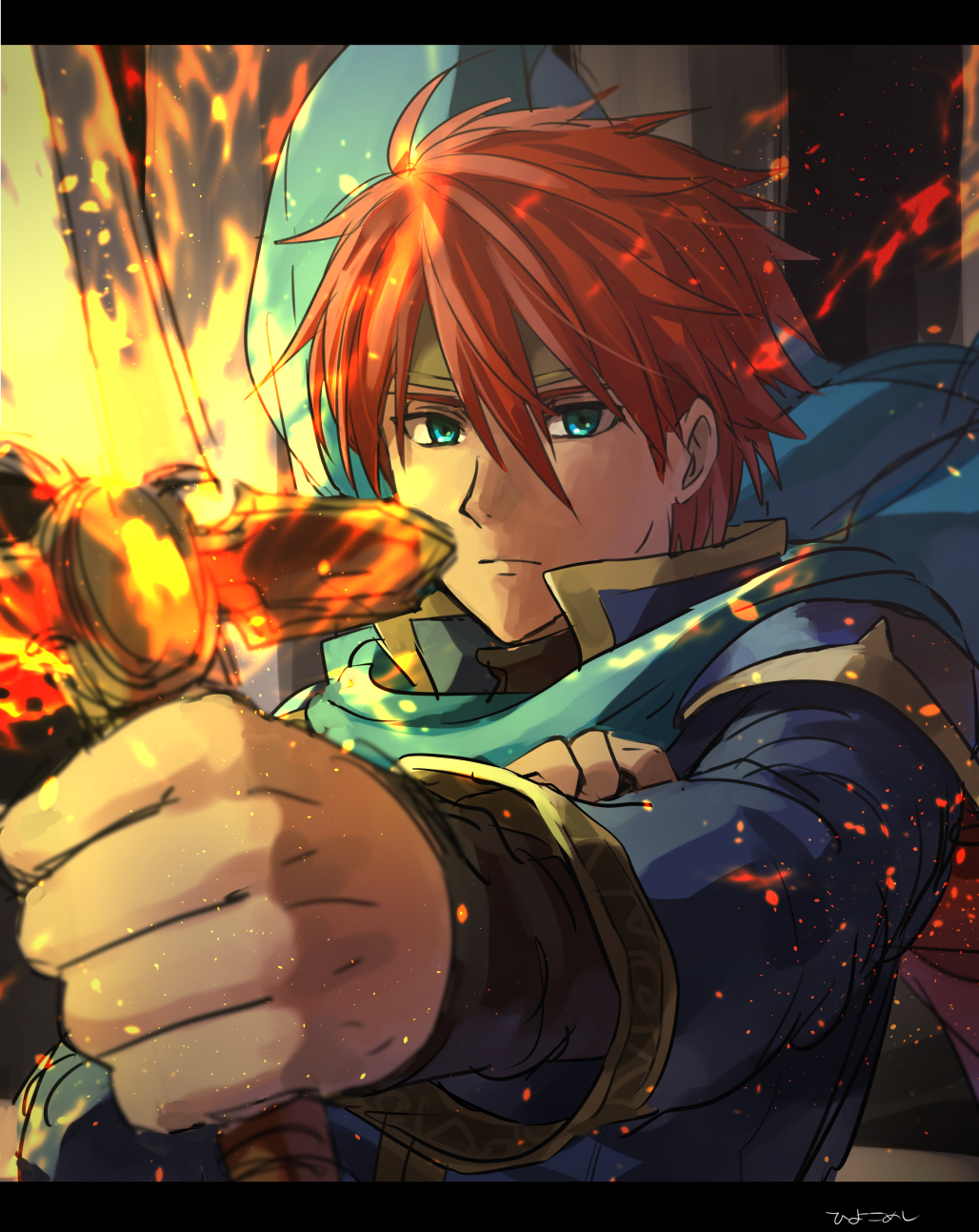 1boy armor bad_id bad_twitter_id blue_cape blue_eyes cape durandal_(fire_emblem) eliwood_(fire_emblem) fire fire_emblem fire_emblem:_the_blazing_blade fire_emblem_heroes flaming_sword flaming_weapon frown highres kometubu0712 looking_at_viewer male_focus redhead shoulder_armor solo sword weapon