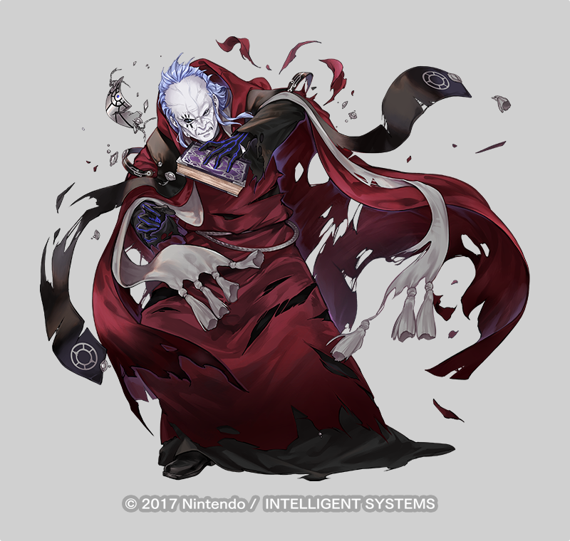 1boy balding black_eyes company_name fire_emblem fire_emblem:_three_houses fire_emblem_heroes full_body gloves holding holding_weapon looking_at_viewer majiji male_focus official_art robe solo solon_(fire_emblem) weapon white_hair