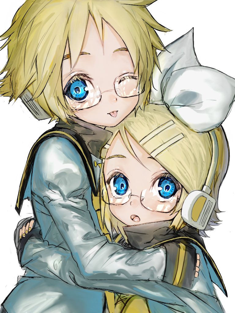 1boy 1girl black_sailor_collar blonde_hair blue_eyes brother_and_sister glasses hair_ornament hairclip headphones hug juliet_sleeves kagamine_len kagamine_rin korpokkur_kne long_sleeves looking_at_viewer one_eye_closed puffy_sleeves reflection ribbon sailor_collar shirt short_hair siblings simple_background twins vocaloid white_background white_ribbon white_shirt