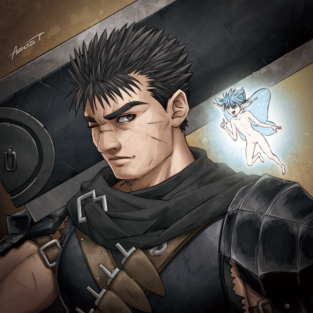 1boy armor azusa_tanaka berserk black_eyes black_hair blue_eyes blue_hair brown_background closed_mouth completely_nude dragonslayer_(sword) fairy guts_(berserk) holding holding_sword holding_weapon index_finger_raised male_focus no_penis nude one_eye_closed pointy_ears puck_(berserk) scar short_hair shoulder_armor signature spiky_hair sword weapon