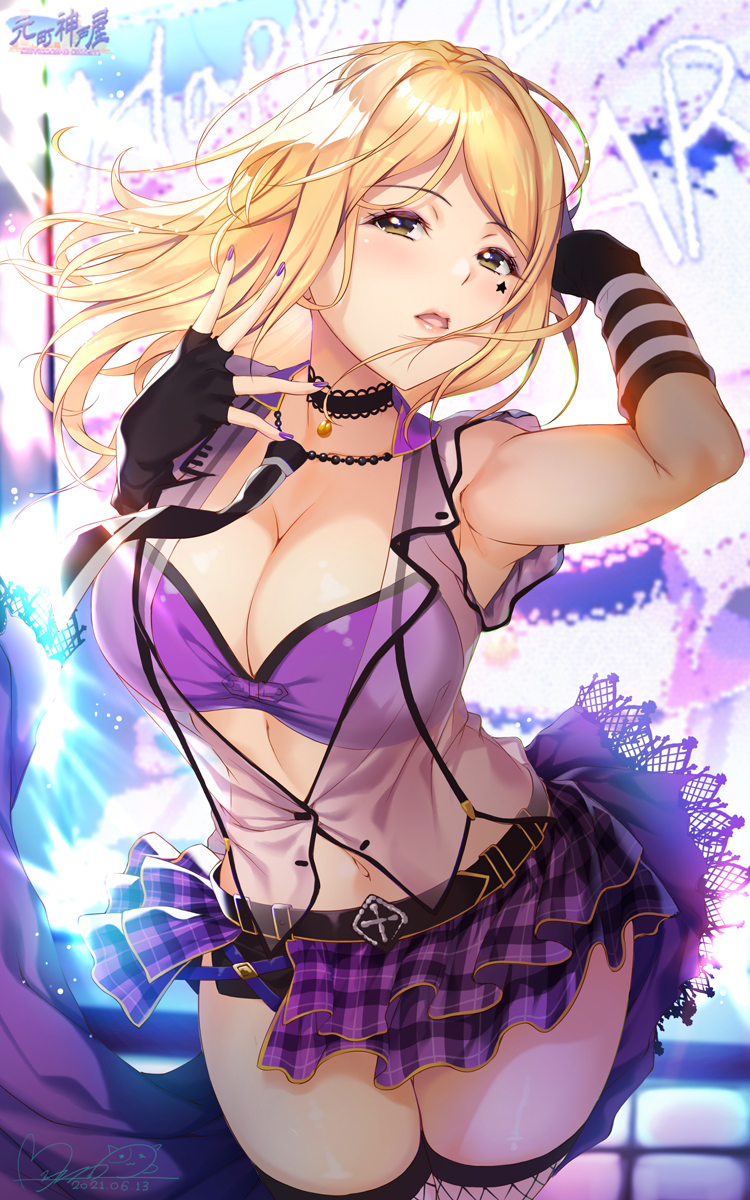 1girl bangs belt birthday black_belt black_choker blonde_hair bra braid breasts choker fingerless_gloves fishnet_legwear fishnets gloves hair_rings happy_birthday highres hozumi_kaoru jewelry lace-trimmed_choker lace_trim large_breasts layered_skirt love_live! love_live!_sunshine!! medium_hair nail_polish necktie ohara_mari open_mouth parted_lips pendant purple_bra purple_nails shorts skirt star_(symbol) strapless thighs transparent_shirt underwear yellow_eyes