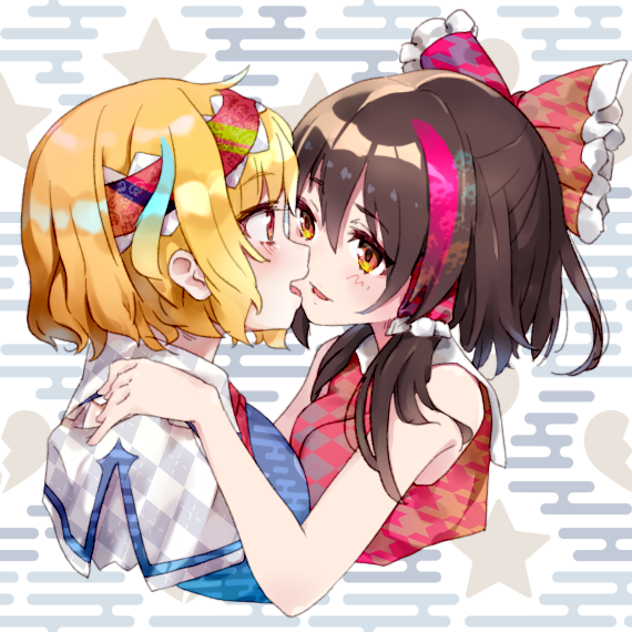 2girls alice_margatroid bangs blonde_hair blue_dress blue_hair bow breasts broken_heart brown_eyes brown_hair capelet commentary_request cookie_(touhou) cropped_torso dress fairyfloss frilled_bow frills grey_background hair_bow hairband hakurei_reimu half_updo hand_on_another's_shoulder hinase_(cookie) kanna_(cookie) long_hair looking_at_another medium_breasts multicolored_hair multiple_girls open_mouth red_bow red_hairband red_neckwear red_shirt redhead shiny shiny_hair shirt short_hair sleeveless sleeveless_shirt star_(symbol) streaked_hair touhou two-tone_hair upper_body white_capelet yuri