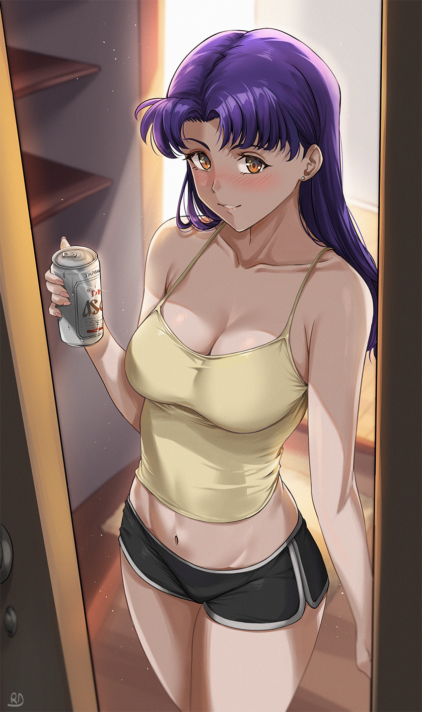 1girl alcohol beer beer_can black_shorts breasts can highres holding holding_can indoors katsuragi_misato long_hair medium_breasts midriff neon_genesis_evangelion orange_eyes purple_hair ryudraw shorts solo standing tank_top yellow_tank_top