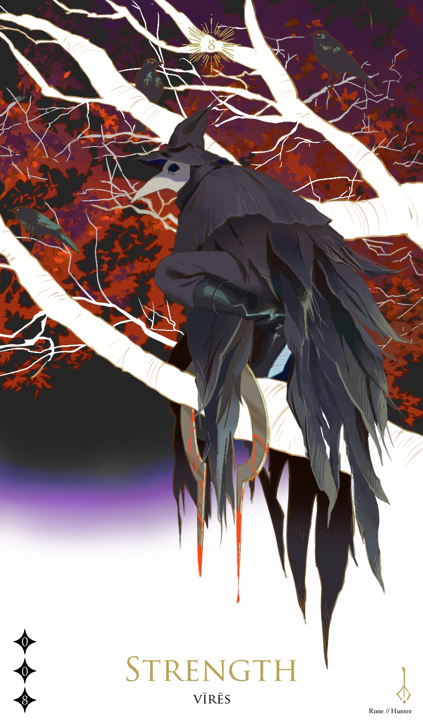 1girl black_footwear black_headwear black_pants bloodborne cloak eileen_the_crow english_text feather-trimmed_coat from_side frozensoba hat highres holding mask number pants plague_doctor_mask solo squatting torn_cloak torn_clothes tree weapon wings
