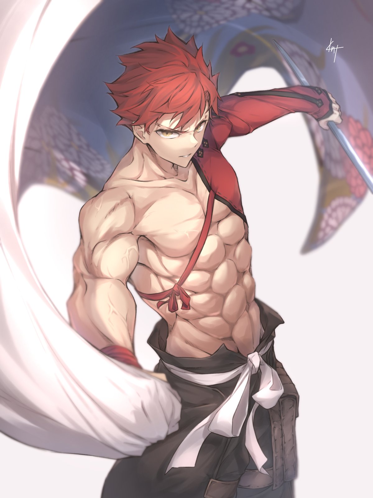 1boy abs biceps blurry depth_of_field emiya_shirou fate/grand_order fate_(series) highres holding holding_sword holding_weapon igote knt02142769 limited/zero_over looking_at_viewer male_focus muscular muscular_male navel orange_hair parted_lips pectorals sengo_muramasa_(fate) serious shirtless signature simple_background solo sword upper_body v-shaped_eyebrows veins weapon white_background wristband yellow_eyes