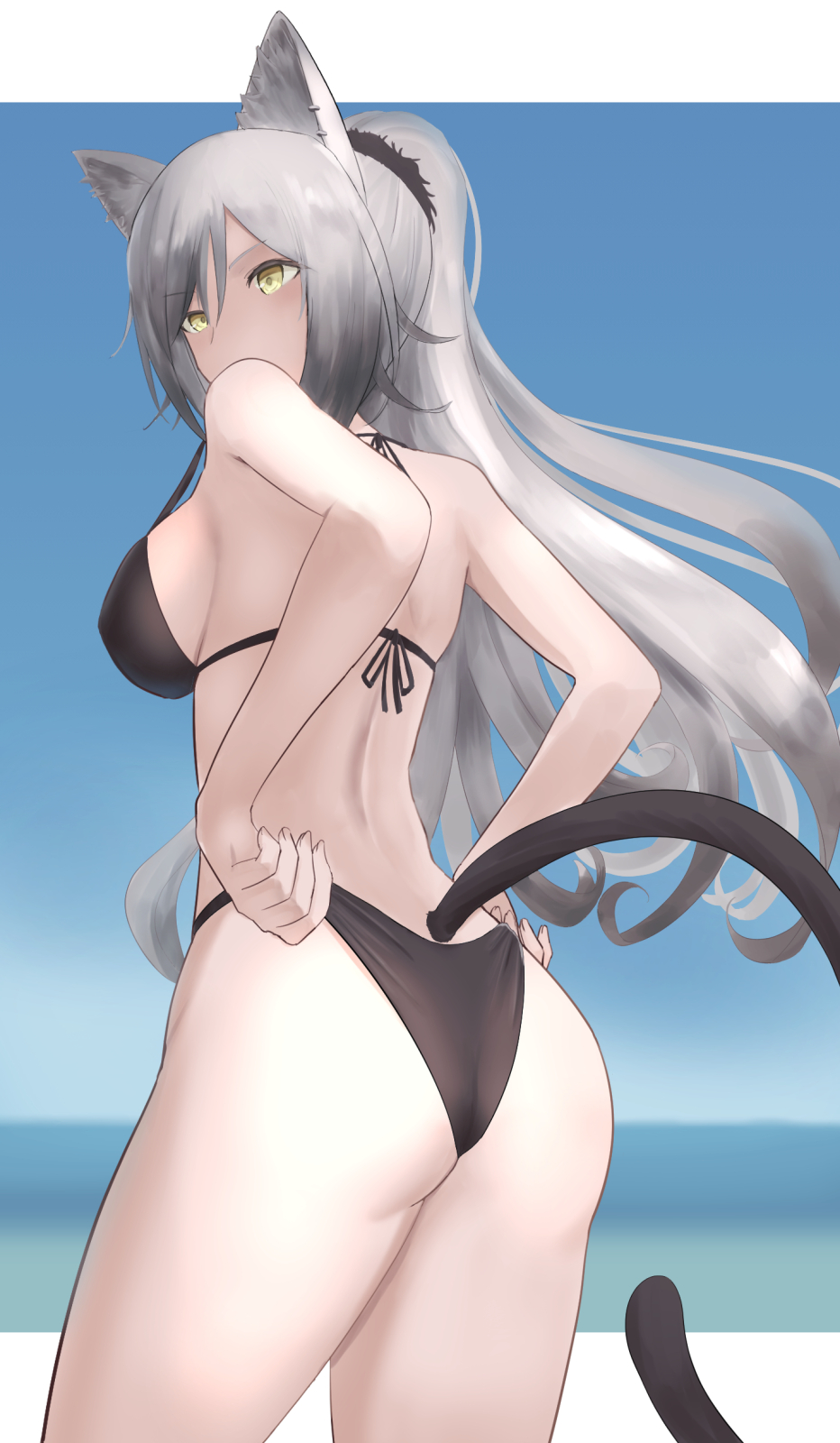 1girl animal_ears arknights ass bangs bare_arms bare_shoulders bikini black_bikini blue_sky breasts cat_ears cat_tail commentary_request cowboy_shot day halterneck highres large_breasts long_hair mayomaru1 outdoors partial_commentary schwarz_(arknights) silver_hair sky solo standing swimsuit tail thighs yellow_eyes