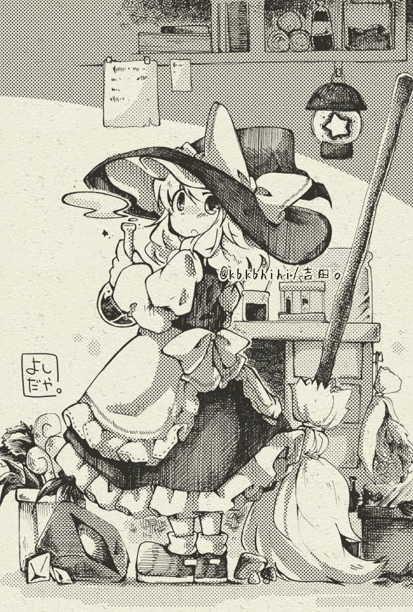 1girl apron artist_name black_headwear black_skirt bow broom commentary full_body greyscale hat hat_bow holding kirisame_marisa lantern long_hair long_sleeves looking_at_viewer looking_back monochrome mushroom puffy_sleeves round-bottom_flask shelf shirt shoes skirt socks solo star_(symbol) test_tube test_tube_rack touhou twitter_username white_shirt witch_hat yoshida._(kbkbhihi)