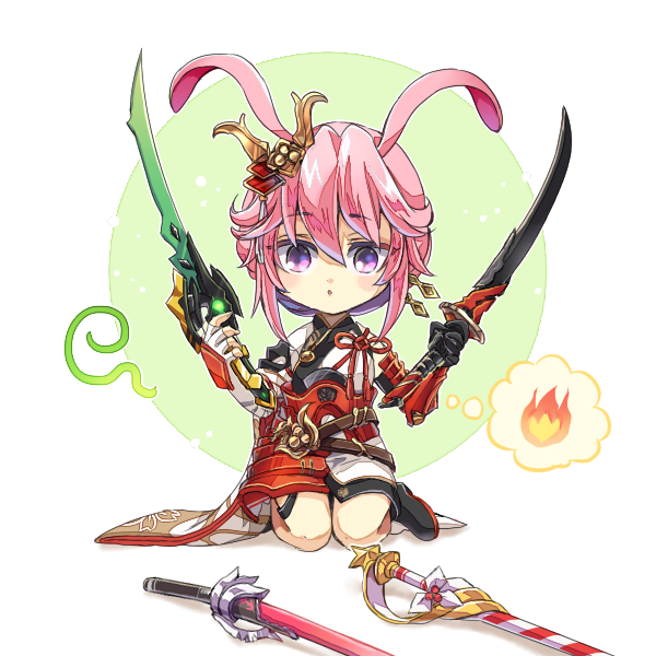 1girl animal_ears bangs dual_wielding fire fox_ears hair_between_eyes hair_ornament holding holding_sword holding_weapon honkai_(series) honkai_impact_3rd japanese_clothes kanai23831347 katana open_mouth pink_hair seiza simple_background sitting solo sword violet_eyes weapon white_background yae_sakura yae_sakura_(flame_sakitama)