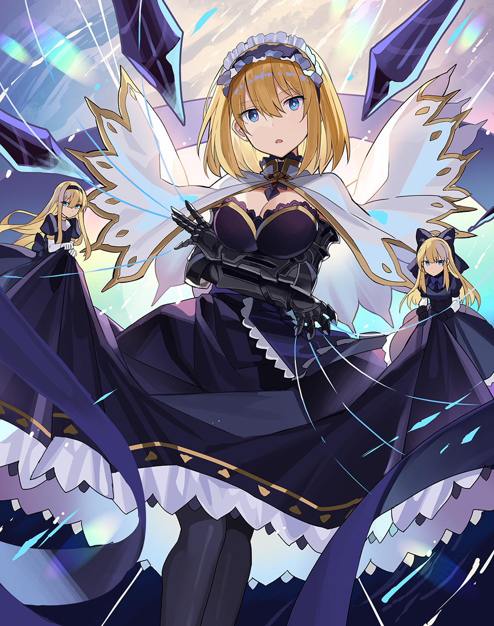 1girl alice_margatroid bangs black_bow black_dress black_legwear blonde_hair blue_background blue_eyes bow breasts cape crossed_arms doll dress duplicate eyebrows_visible_through_hair gloves hair_between_eyes hairband highres long_hair looking_at_viewer medium_breasts open_clothes pantyhose perfect_cherry_blossom pixel-perfect_duplicate purple_hairband rainbow rin_falcon shanghai_doll short_hair solo standing touhou white_cape white_gloves