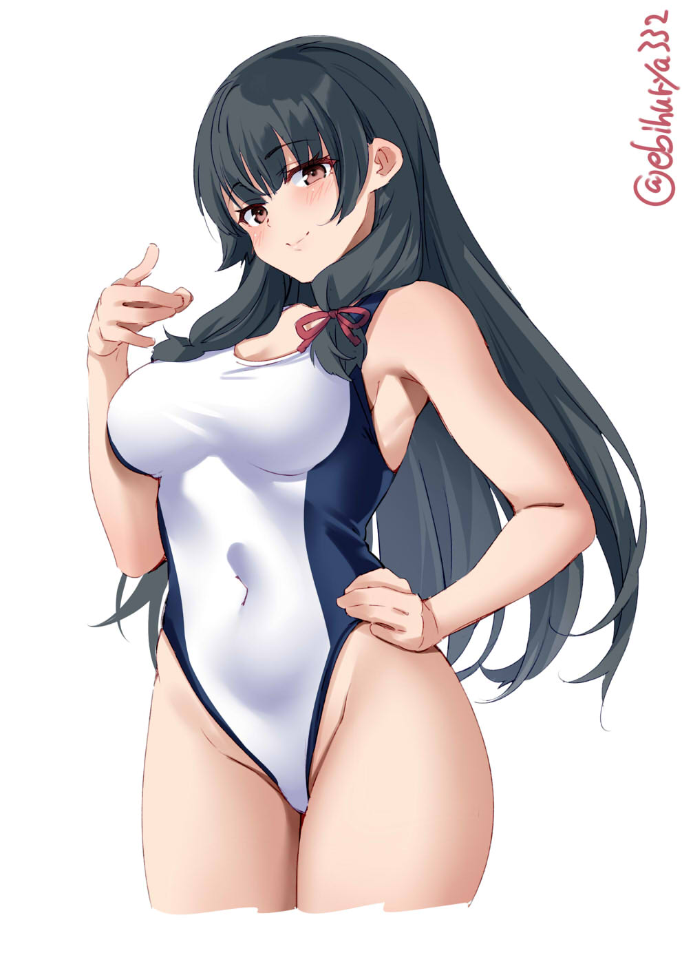 1girl black_hair blue_swimsuit blush breasts competition_swimsuit covered_navel cowboy_shot ebifurya eyebrows_visible_through_hair hair_between_eyes hair_ribbon hand_on_hip highleg highleg_swimsuit highres isokaze_(kancolle) kantai_collection lips long_hair looking_at_viewer medium_breasts one-hour_drawing_challenge one-piece_swimsuit red_eyes red_ribbon ribbon simple_background solo swimsuit tress_ribbon twitter_username white_background white_swimsuit
