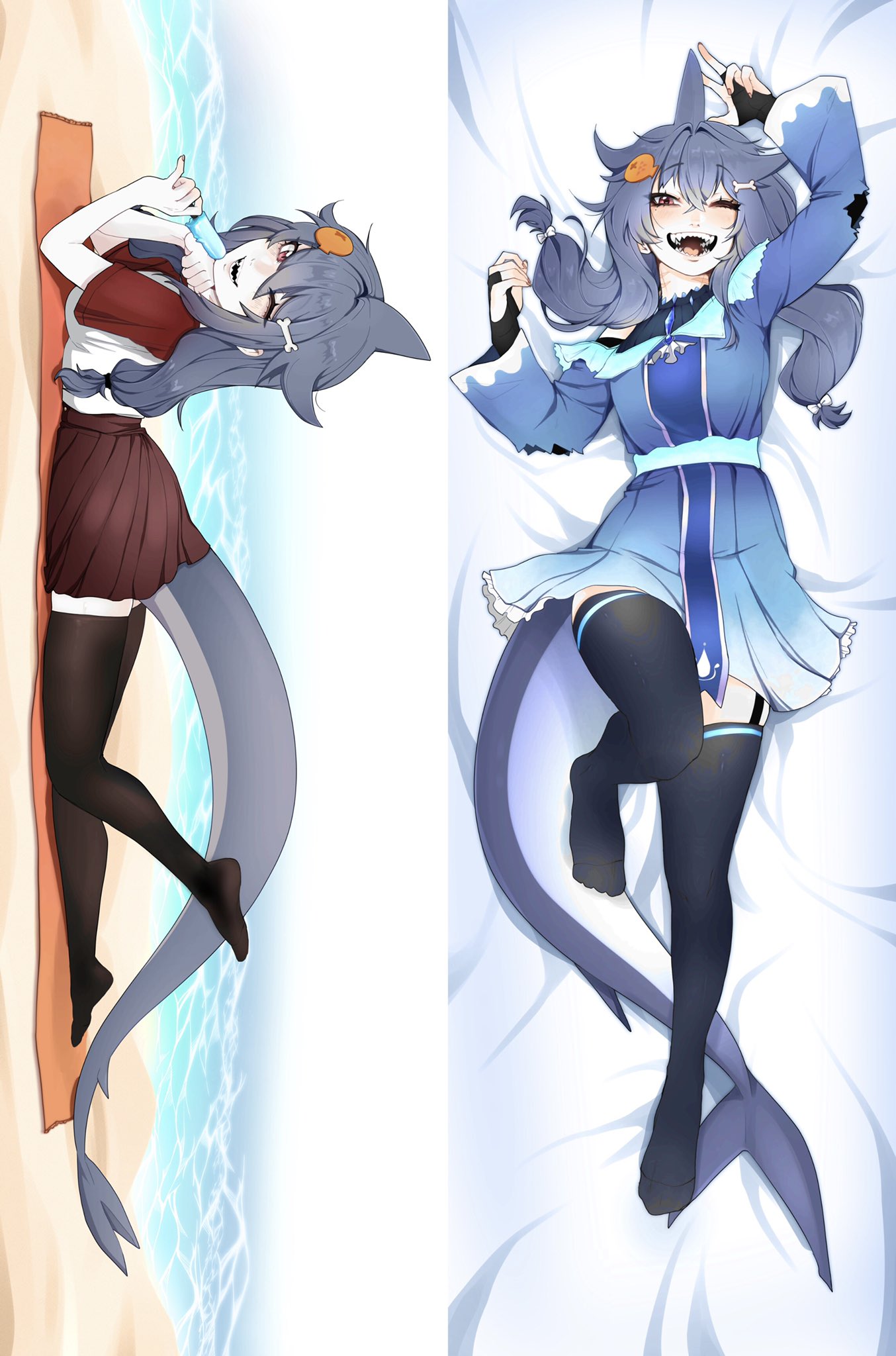 dakimakura_(medium) dress fish_tail highres looking_at_viewer mako_sameshima original red_eyes shark_fin shark_girl shark_tail sharp_teeth skirt tail teeth thigh-highs tiredcatmom