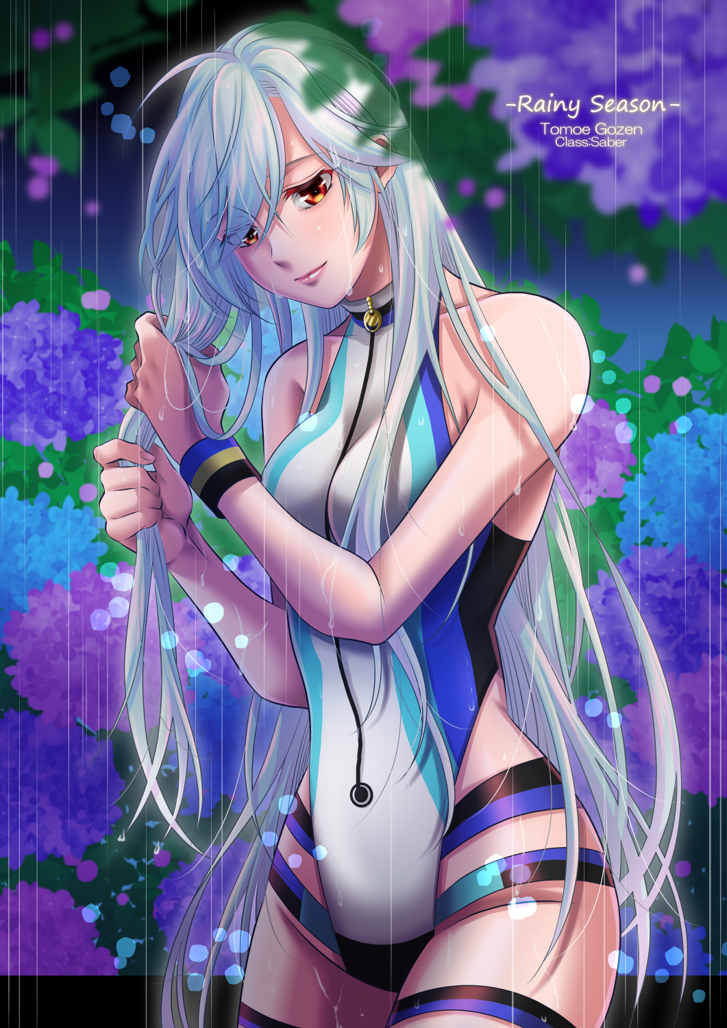 1girl adjusting_hair alternate_hairstyle bare_shoulders blue_swimsuit blush breasts character_name collarbone commentary_request competition_swimsuit fate/grand_order fate_(series) flower hair_over_one_eye highleg highleg_swimsuit highres jimo_(adlib0411) long_hair looking_at_viewer medium_breasts multicolored multicolored_clothes multicolored_swimsuit one-piece_swimsuit rain red_eyes silver_hair solo striped_wristband swimsuit thigh_strap tomoe_gozen_(fate) tomoe_gozen_(swimsuit_saber)_(fate) two-tone_swimsuit very_long_hair wet white_swimsuit