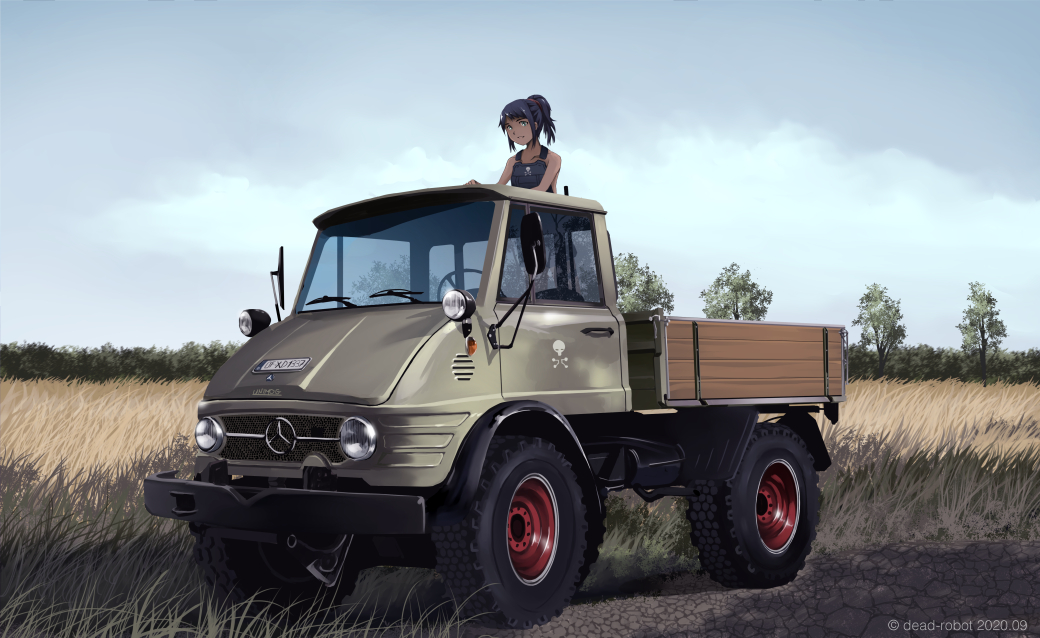 1girl artist_name black_hair clouds collarbone dated dead-robot field green_eyes ground_vehicle hair_ribbon looking_at_viewer motor_vehicle naked_overalls original overall_shorts overalls ponytail ribbon road rural scenery skull_and_crossbones sky smile tree truck unimog_406