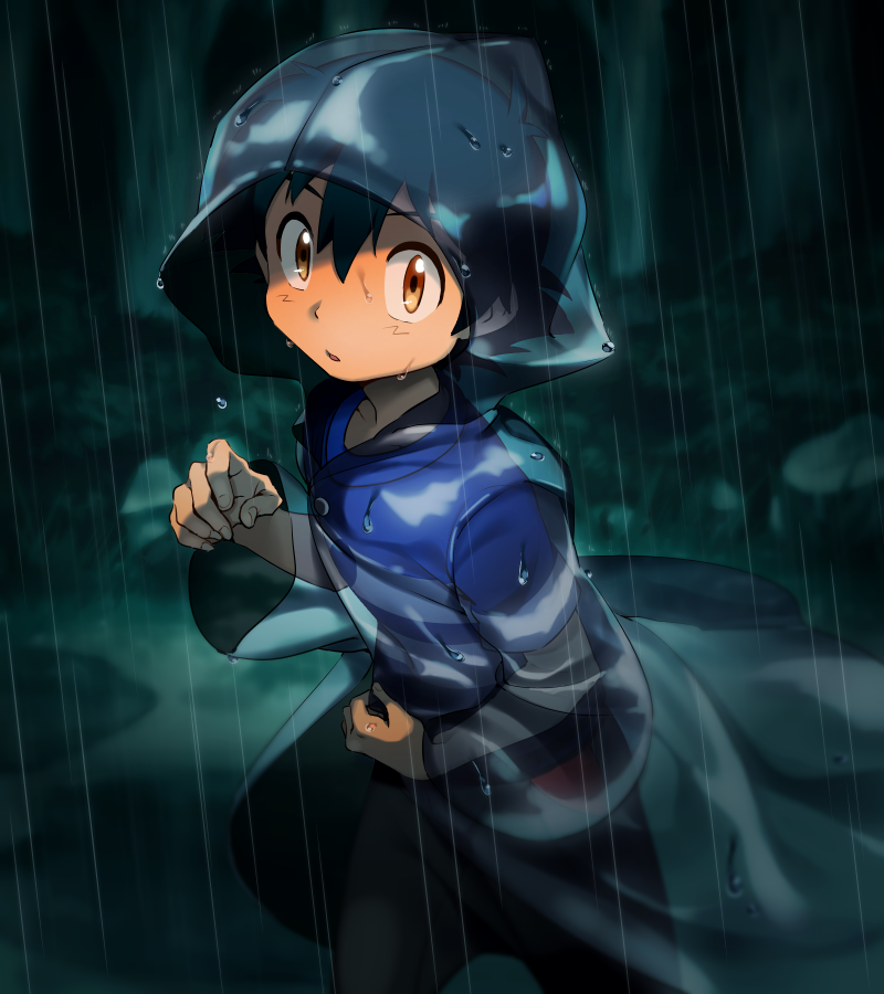 1boy ameiro_pk ash_ketchum bangs black_hair brown_eyes commentary_request hand_up hood hood_up looking_at_viewer male_focus outdoors pokemon pokemon_(anime) pokemon_sm_(anime) rain raincoat shirt short_hair short_sleeves solo t-shirt water_drop