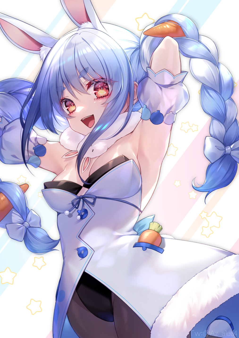 1girl :d animal_ear_fluff animal_ears armpits arms_behind_head arms_up azalea4 black_leotard bow braid breasts brown_legwear carrot_hair_ornament commentary_request detached_sleeves diagonal_stripes don-chan_(usada_pekora) dress food-themed_hair_ornament fur-trimmed_dress fur_trim hair_bow hair_ornament highres hololive leotard long_hair looking_at_viewer medium_breasts multicolored_hair open_mouth pantyhose puffy_short_sleeves puffy_sleeves rabbit_ears red_eyes short_sleeves smile starry_background strapless strapless_dress strapless_leotard striped striped_background twin_braids twintails two-tone_hair usada_pekora very_long_hair virtual_youtuber white_bow white_dress white_sleeves