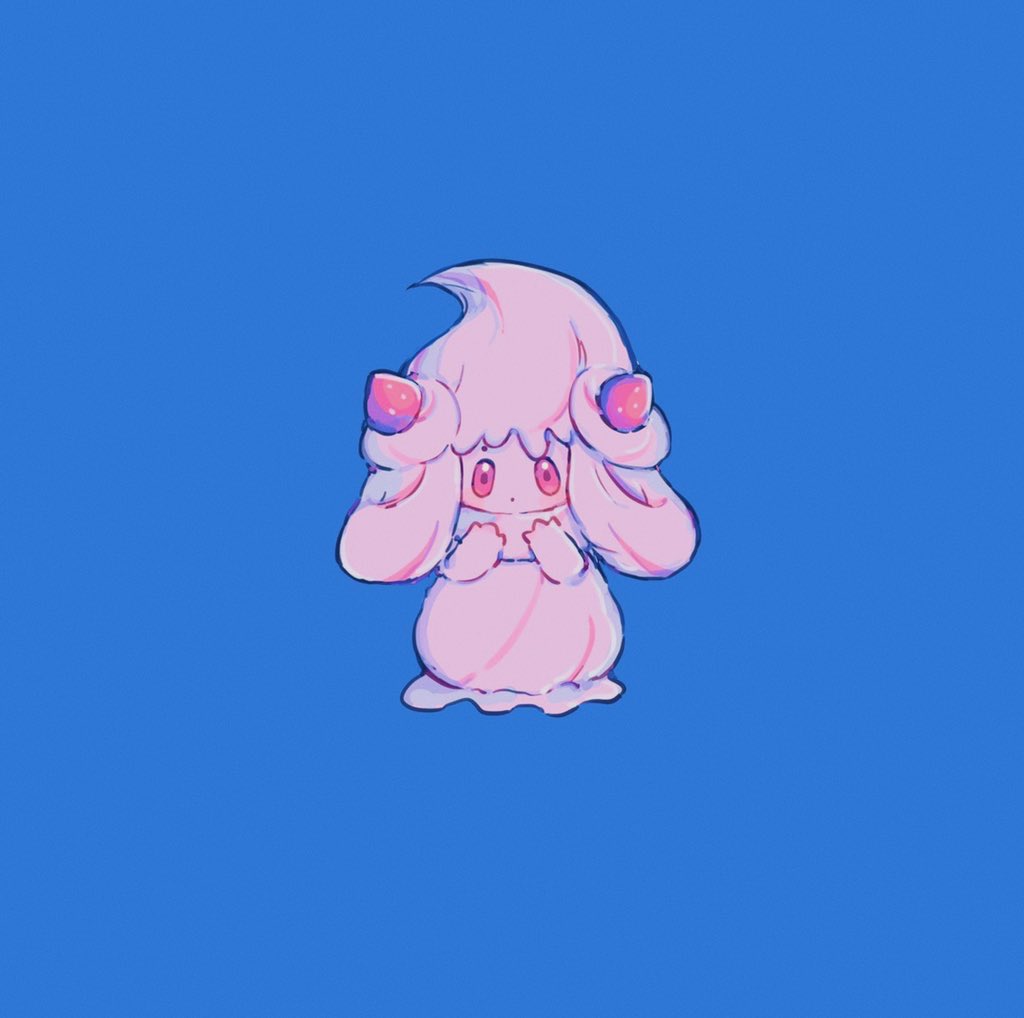 alcremie alcremie_(strawberry_sweet) blue_background commentary_request food fruit full_body gen_8_pokemon hands_up looking_at_viewer no_humans omochi_kuenai pink_eyes pokemon pokemon_(creature) simple_background solo standing strawberry