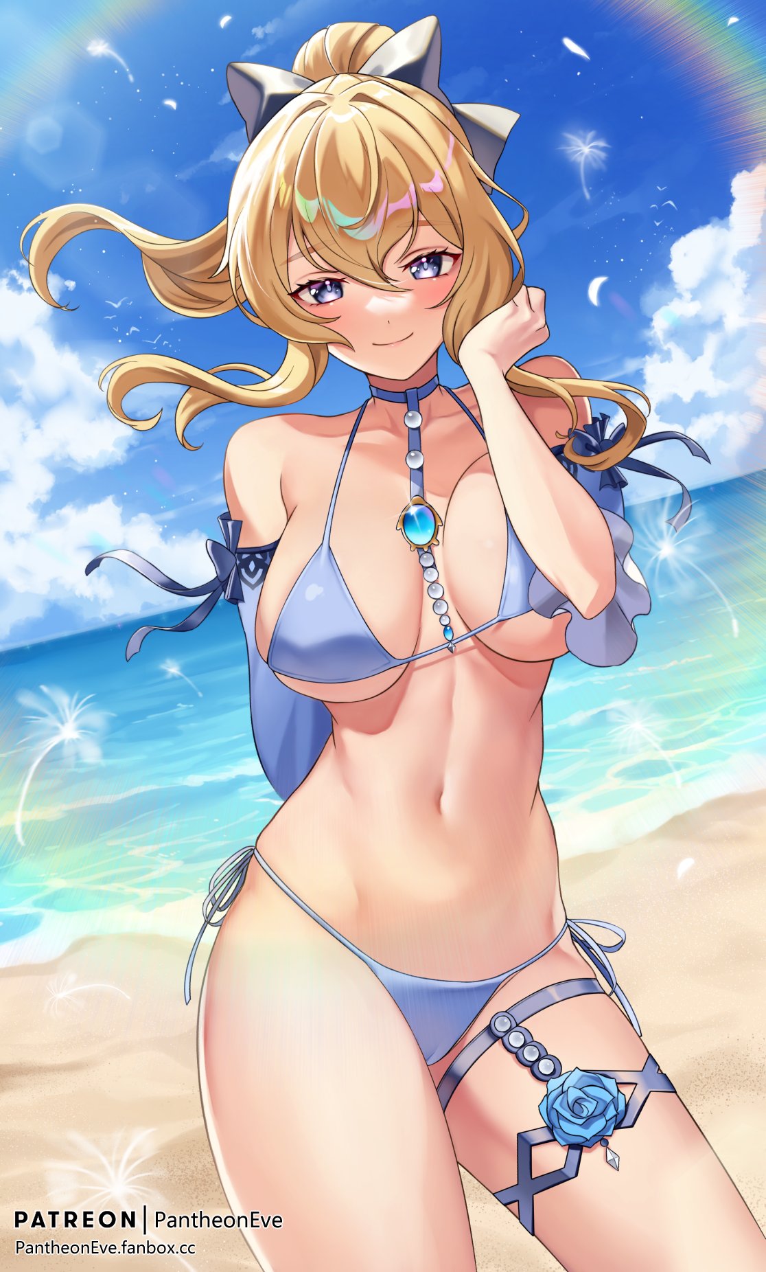 1girl bare_shoulders beach blonde_hair blue_eyes blue_sky blush bow breasts brooch clouds dandelion detached_sleeves falling_petals flower genshin_impact hair_bow high-waist_shorts high_ponytail highres jean_gunnhildr jean_gunnhildr_(sea_breeze_dandelion) jewelry large_breasts looking_at_viewer outdoors pantheon_eve petals rainbow sand shore sidelocks sky smile standing thighlet thighs water