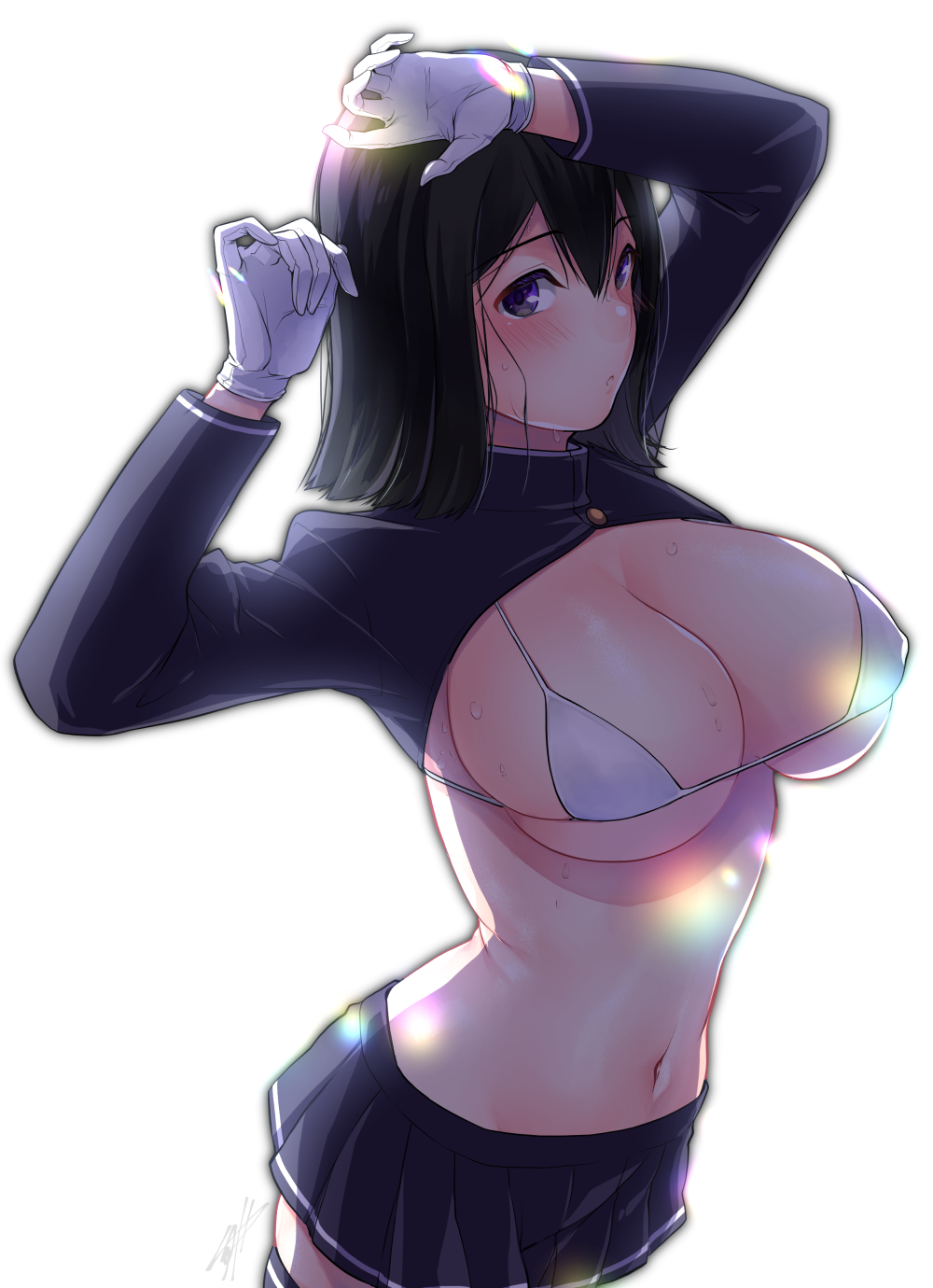 1girl akitsu_maru_(kancolle) black_hair black_skirt blush bra breasts chikage_(blackclownery) commentary_request gloves hands_up highres kantai_collection large_breasts looking_at_viewer navel short_hair simple_background skirt solo sweat thigh-highs thighs underwear violet_eyes white_background white_bra white_gloves zettai_ryouiki