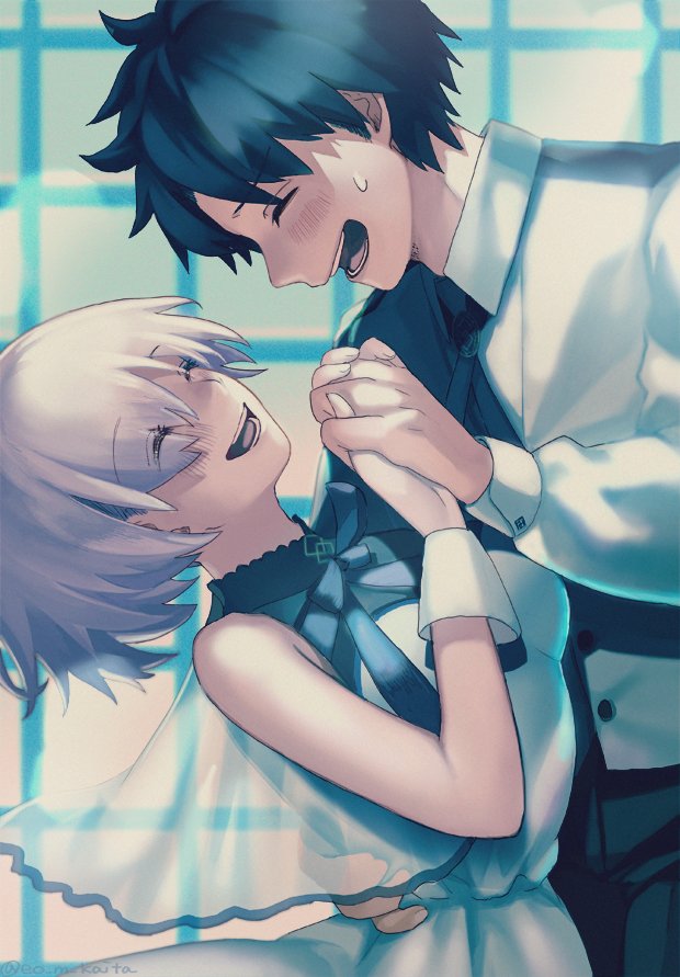 1boy 1girl alternate_costume bangs bare_shoulders black_hair black_neckwear blush breasts buttons closed_eyes collared_shirt commentary_request dancing dress eyebrows_visible_through_hair eyes_visible_through_hair fate/grand_order fate_(series) formal fujimaru_ritsuka_(male) hair_over_one_eye hand_on_another's_hip holding_hands kaita_(mokamilkcup) long_sleeves mash_kyrielight medium_breasts official_alternate_costume open_mouth pink_hair sheer_clothes shirt short_hair smile suit sweatdrop under_the_same_sky waltz_(dance) white_dress white_suit wrist_cuffs