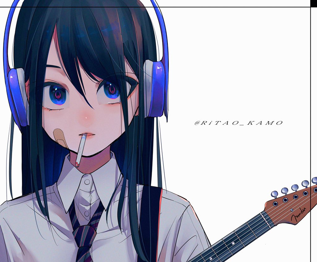 1girl bandaid bandaid_on_face black_hair blue_eyes cigarette collared_shirt grey_shirt guitar headphones instrument long_hair looking_at_viewer mouth_hold necktie original ritao_kamo shirt simple_background solo striped striped_neckwear twitter_username white_background